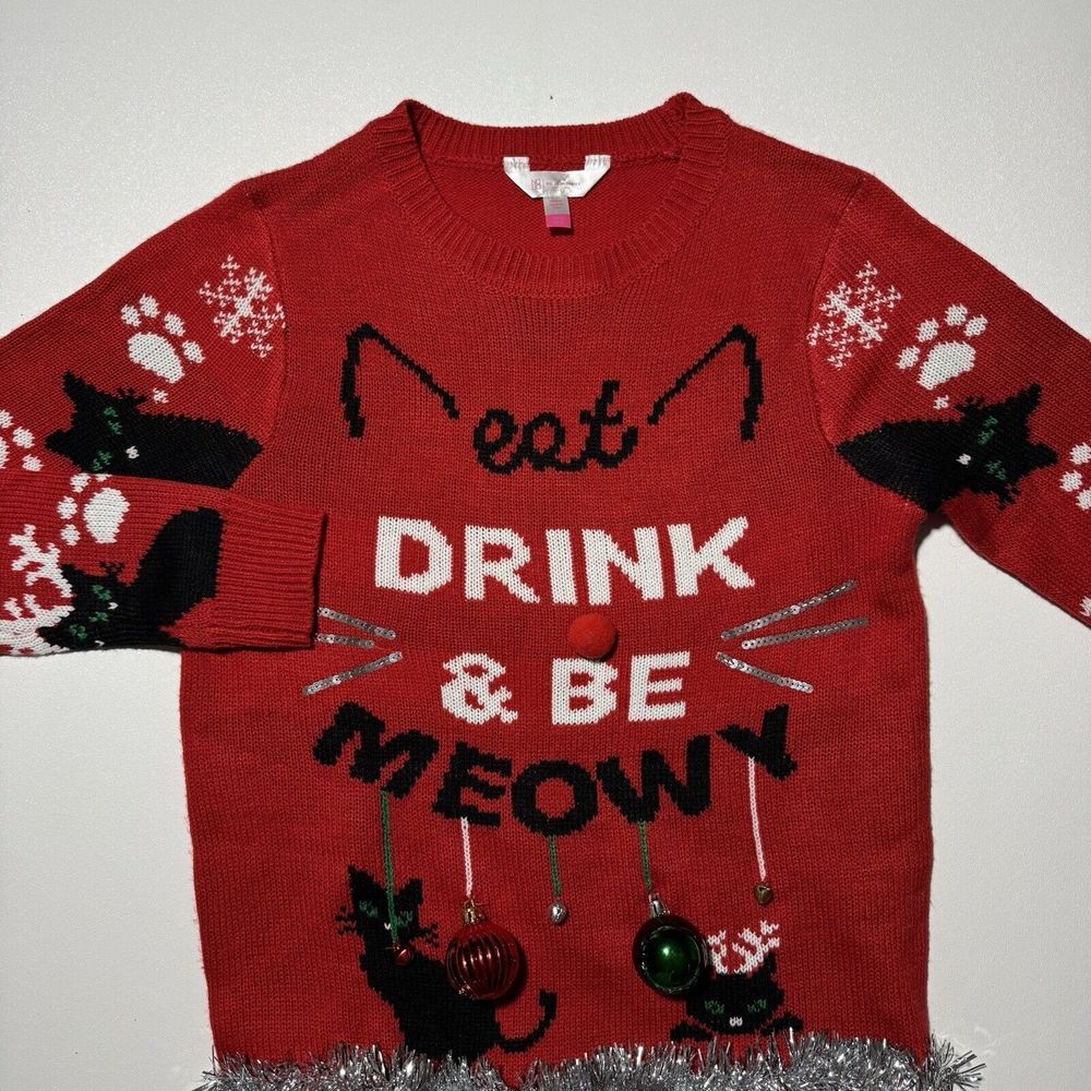 Eat, Drink, And‎ Be Meowy Ugly Christmas Cat Sweater Women's Small 3-5